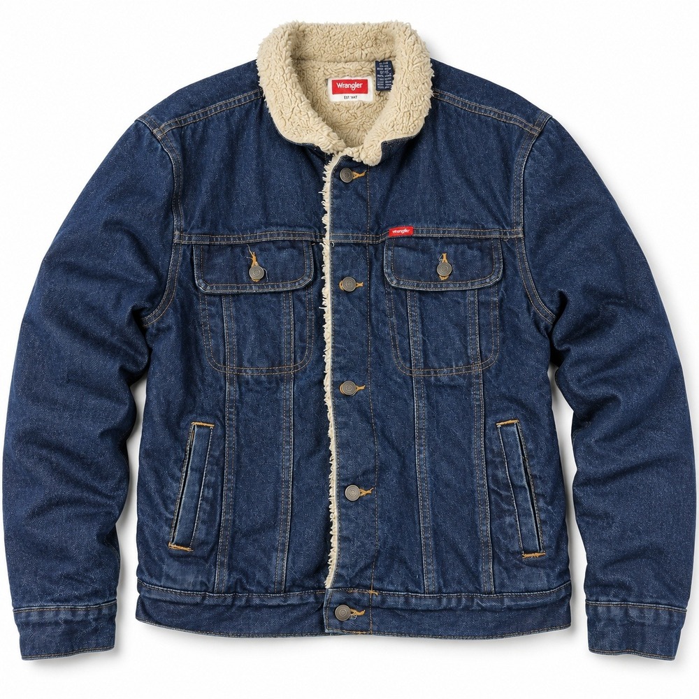Wrangler Denim Sherpa Lined Trucker Jacket Mens Size Medium Blue Jean Coat
